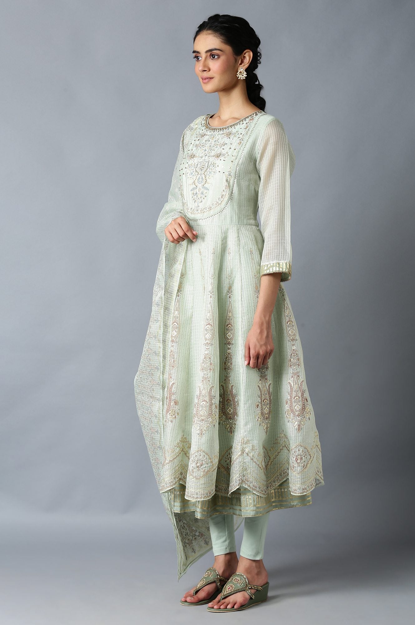 Light Green Heavy Festive Kota Anarkali kurta Set