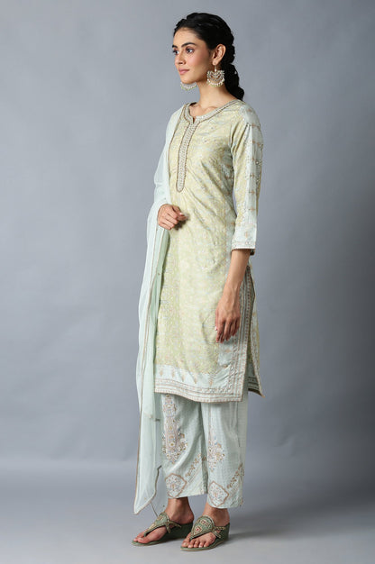 Green Printed Festive kurta With Parallel Pants And Net Dupatta