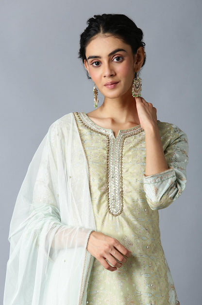 Green Printed Festive kurta With Parallel Pants And Net Dupatta