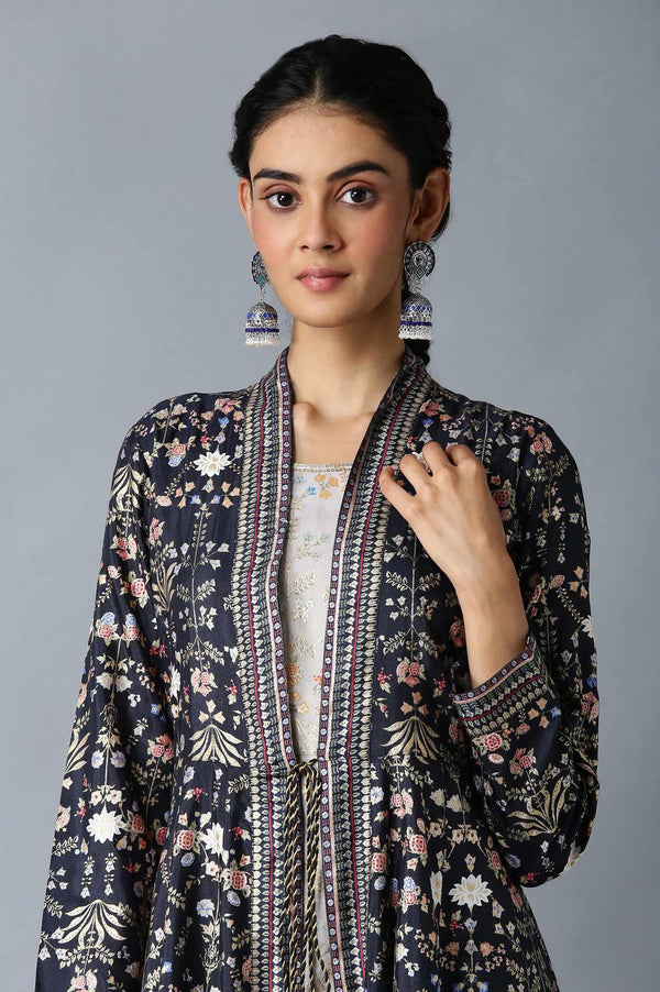 Dark Blue And Grey Mock Layered Floral Printed Dress