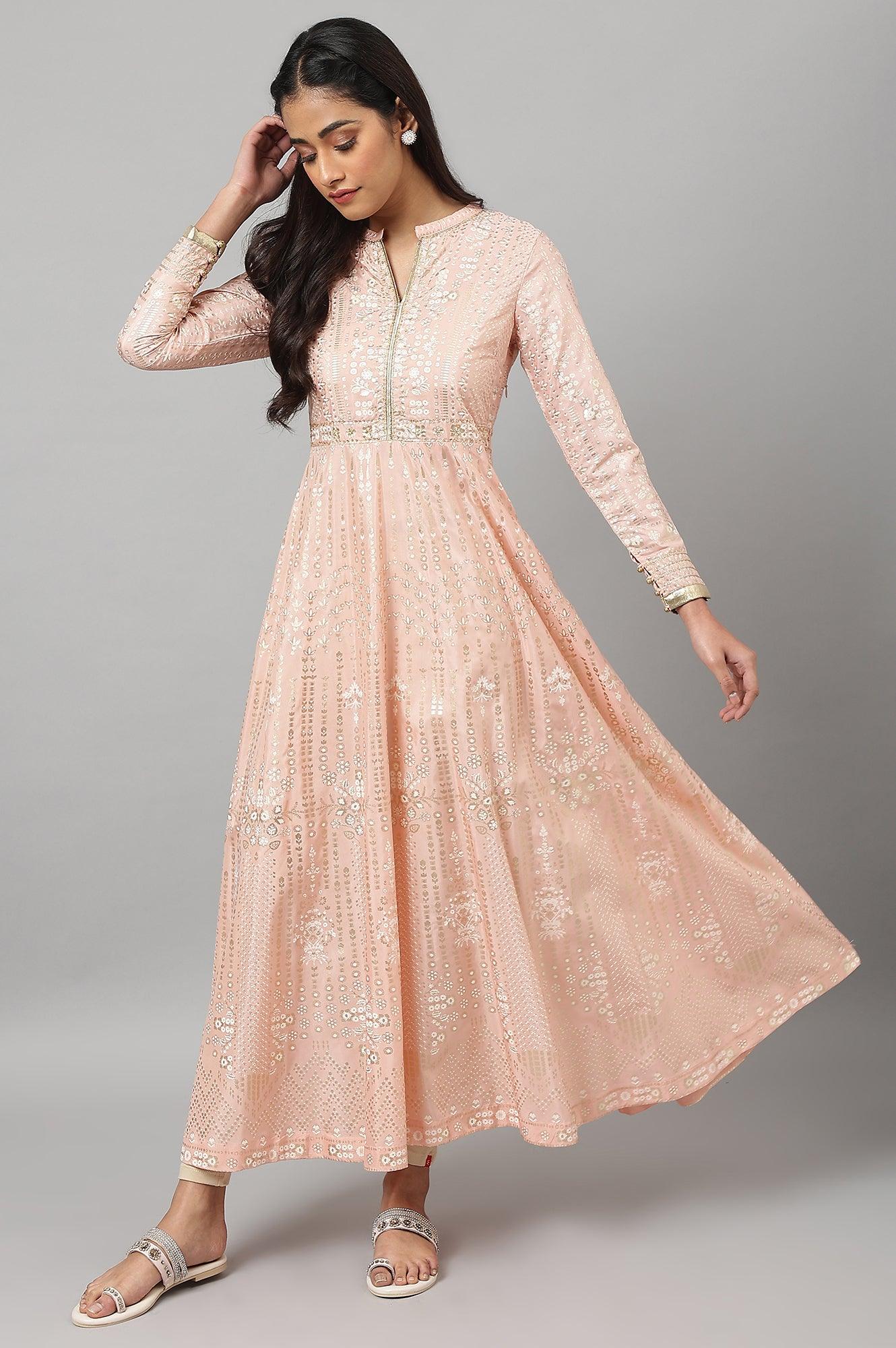 Light Pink Placement Print Flared Dress - wforwoman