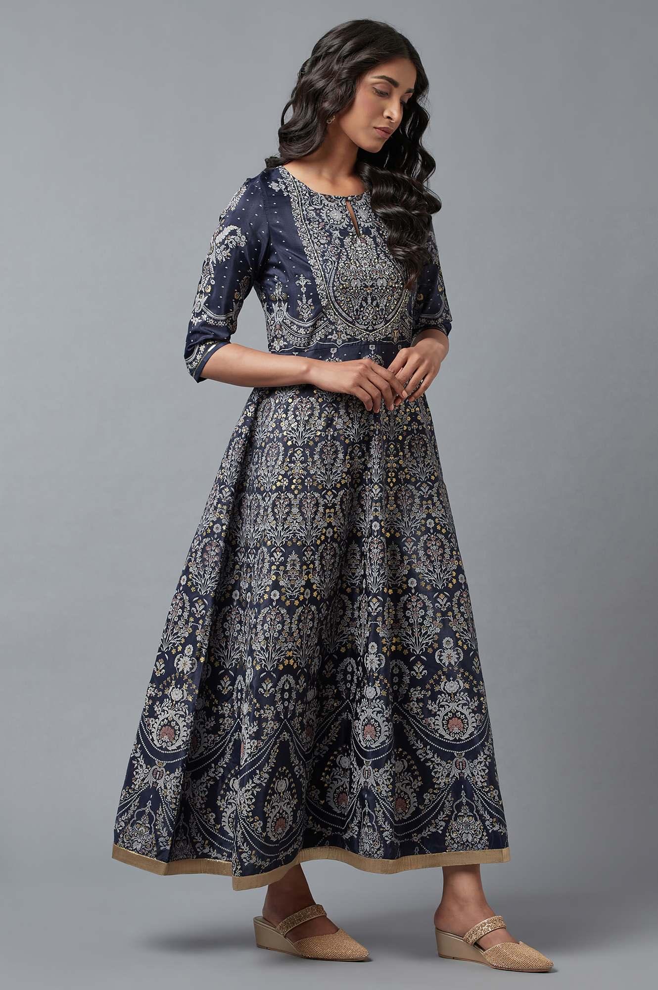 Dark Blue Floral Print Indie Dress - wforwoman