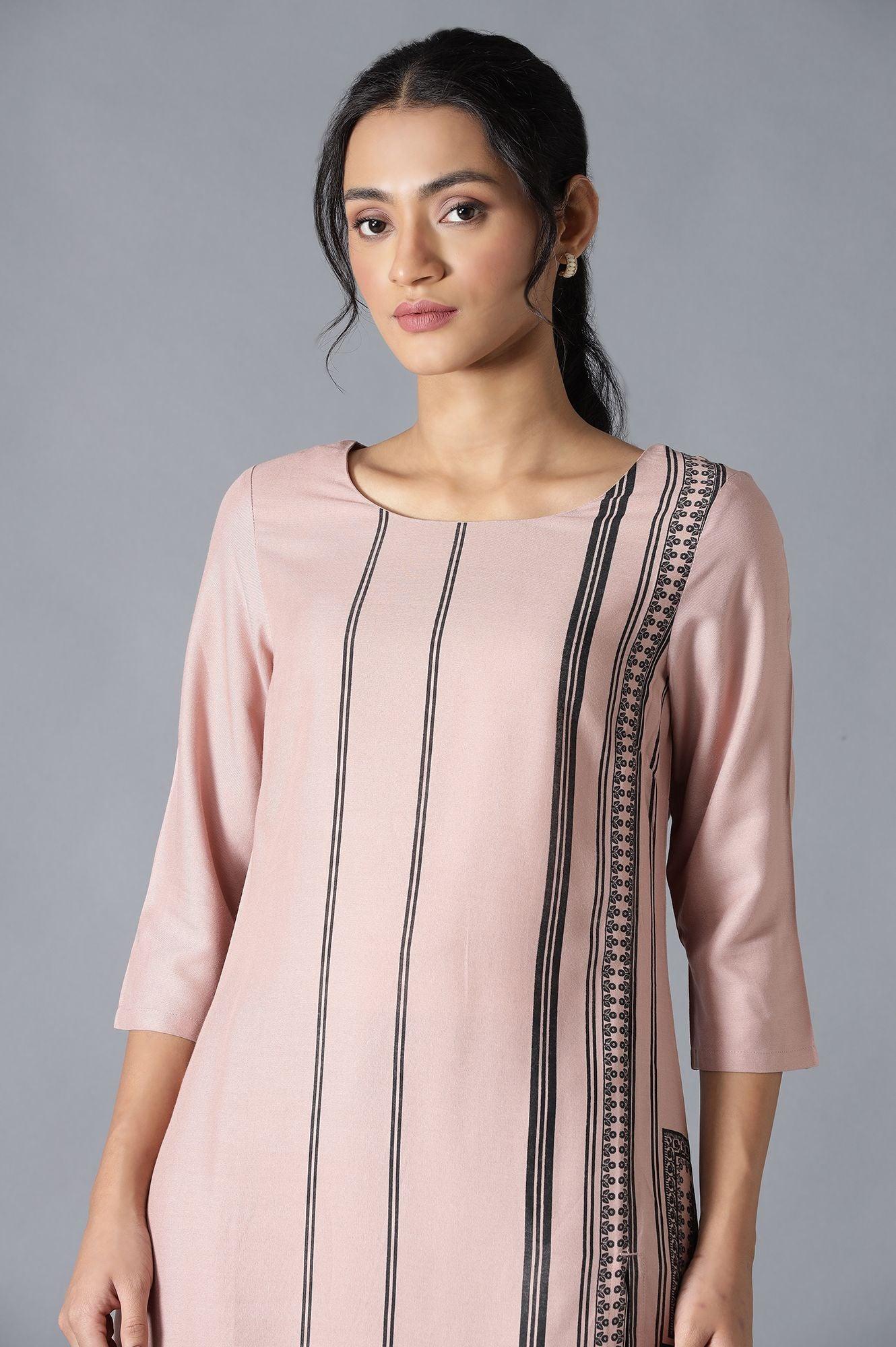 Salmon Pink Placement Print kurta - wforwoman