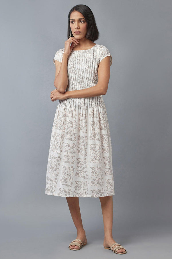 Ecru Flora Print Pleated kurta in Boat Neck