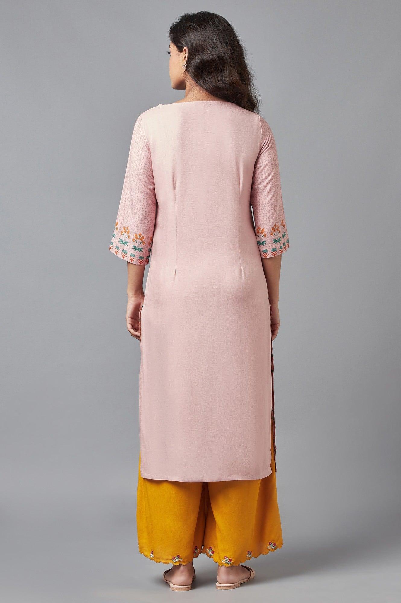 Light Pink Floral kurta with Sequin Work - wforwoman