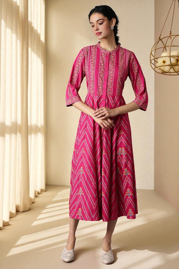 Dark Pink Glitter Floral Printed Rayon Ethnic Shirt Dress