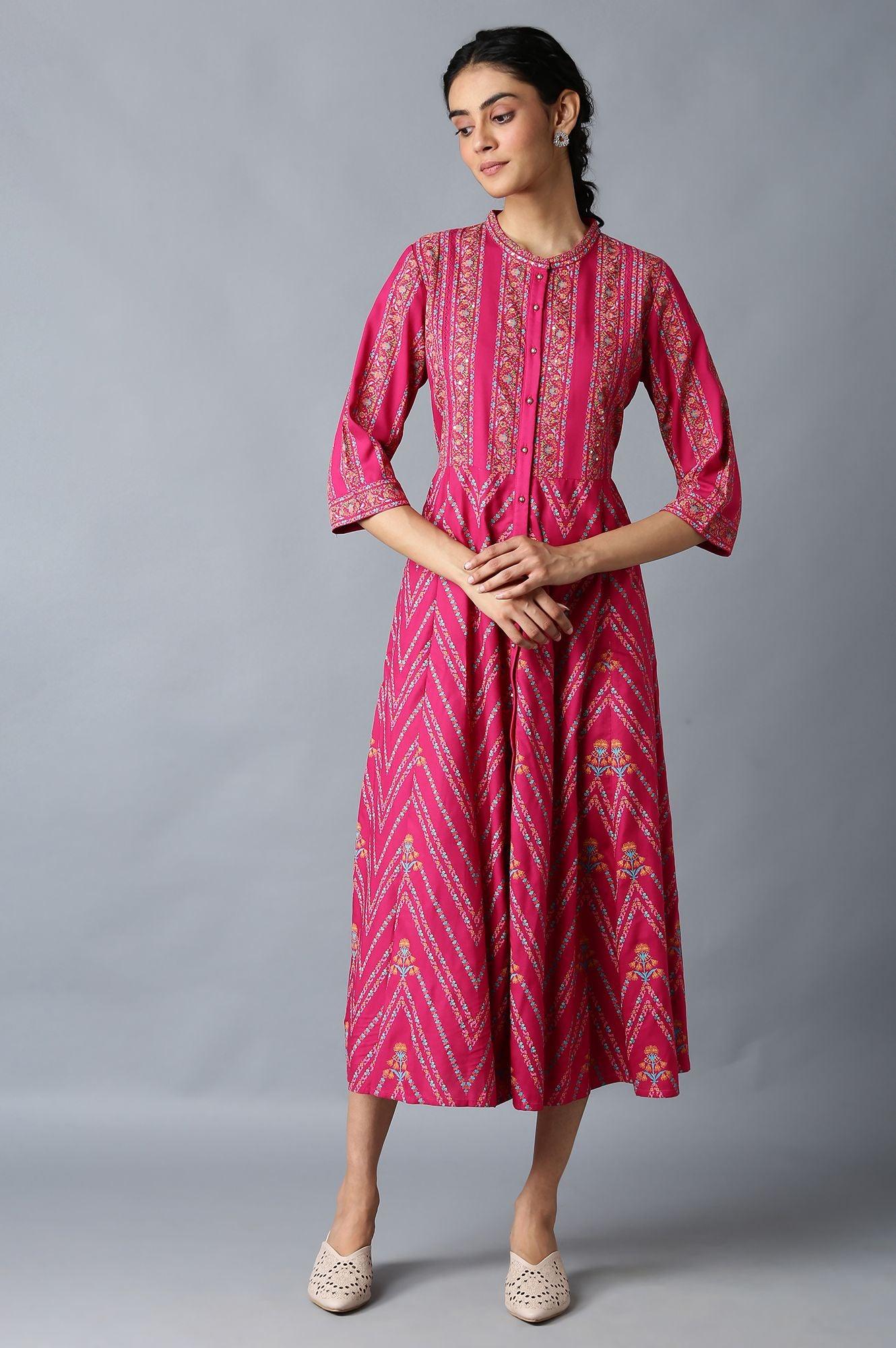 Dark Pink Shirt Dress In Mandarin Collar - wforwoman