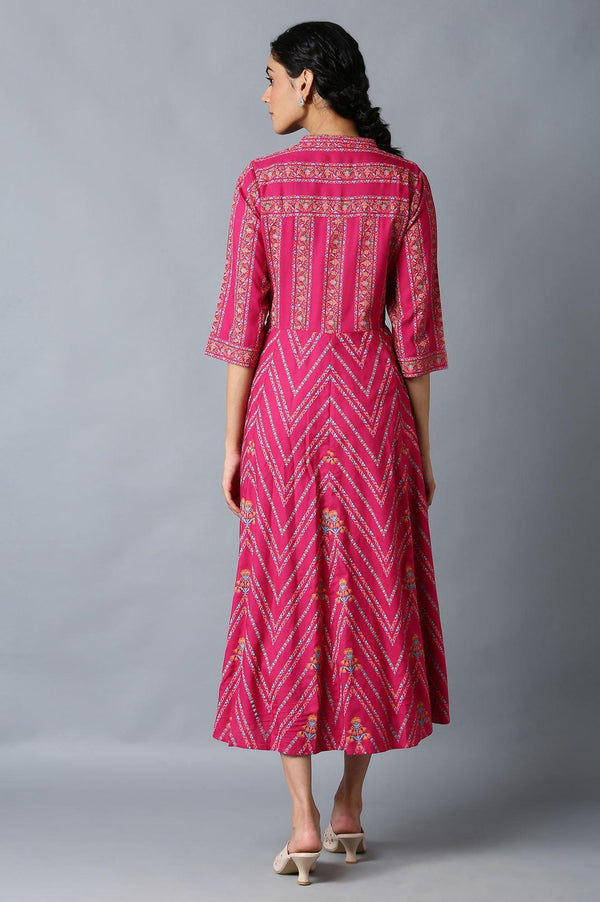 Dark Pink Glitter Floral Printed Rayon Ethnic Shirt Dress