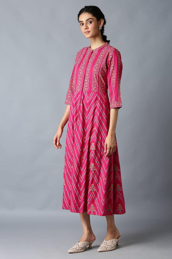 Dark Pink Glitter Floral Printed Rayon Ethnic Shirt Dress