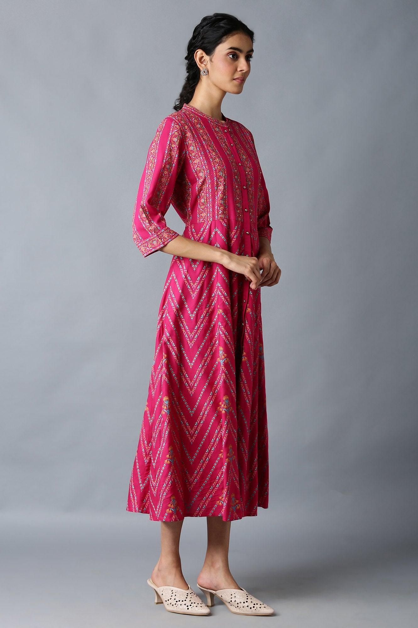 Dark Pink Shirt Dress In Mandarin Collar - wforwoman