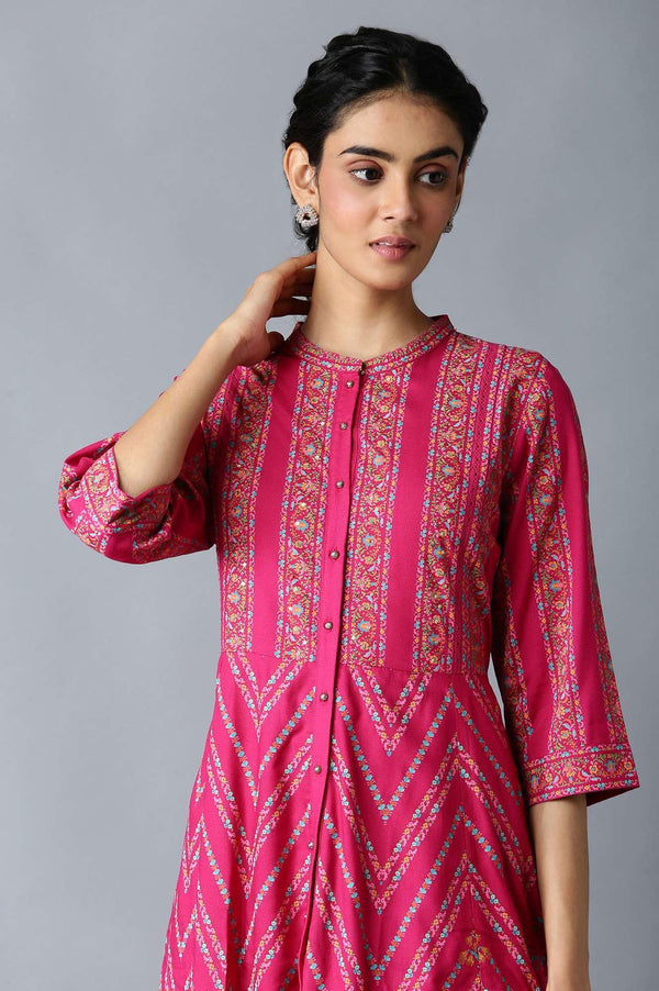 Dark Pink Glitter Floral Printed Rayon Ethnic Shirt Dress