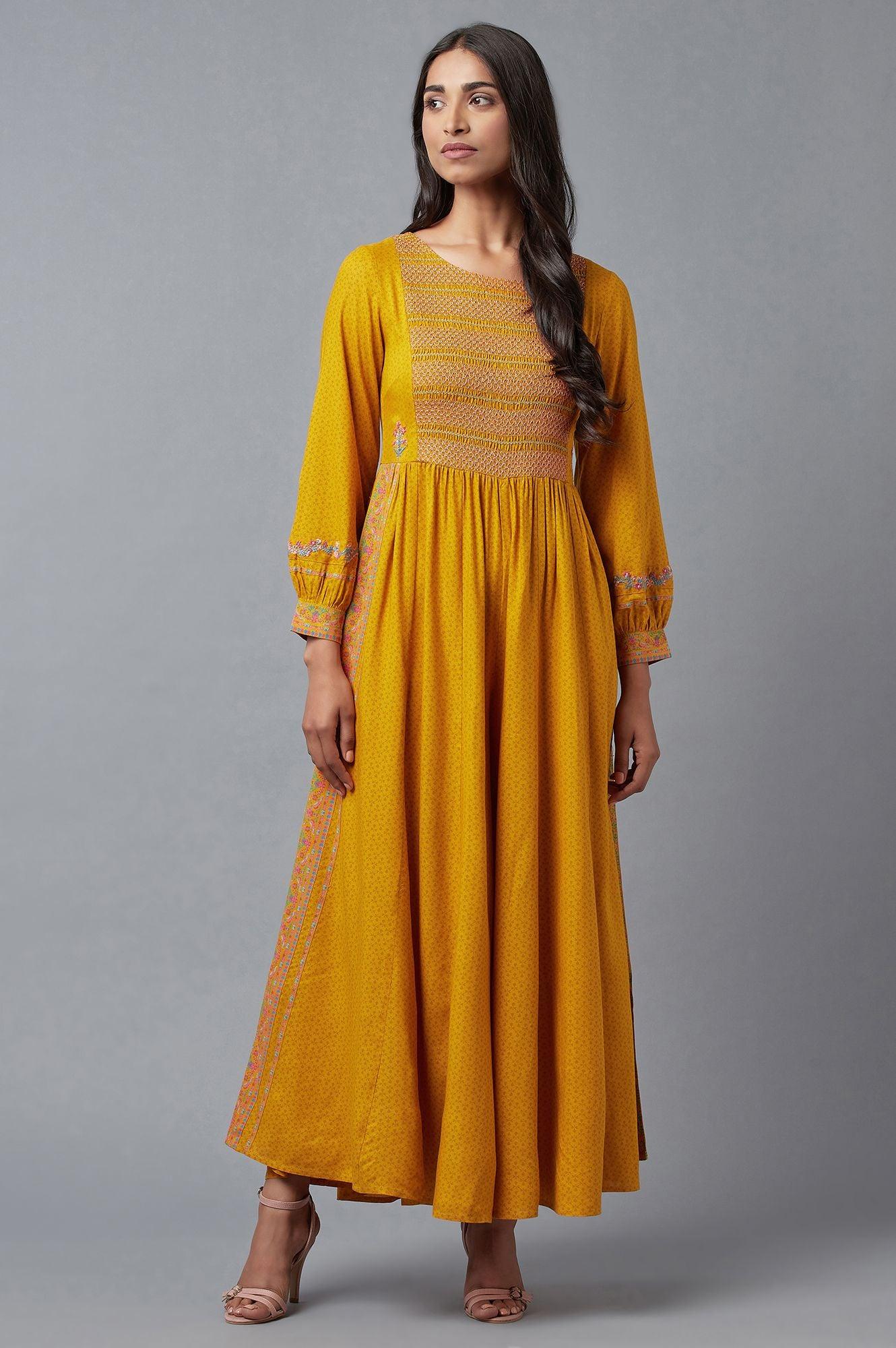 Mustard Yellow Smocked Yoke Jumpsuit With Embroidery - wforwoman