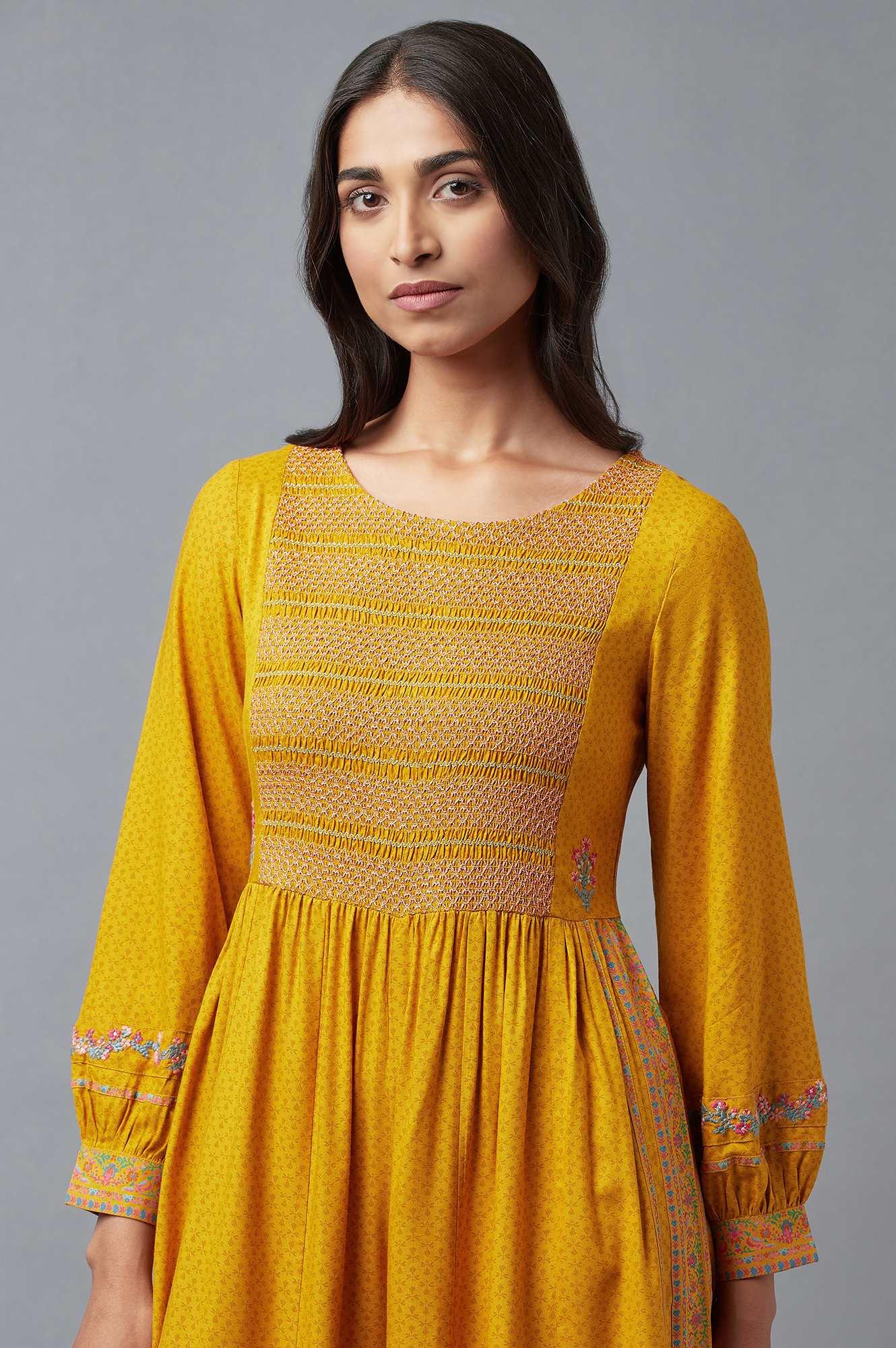 Mustard Yellow Smocked Yoke Jumpsuit With Embroidery - wforwoman