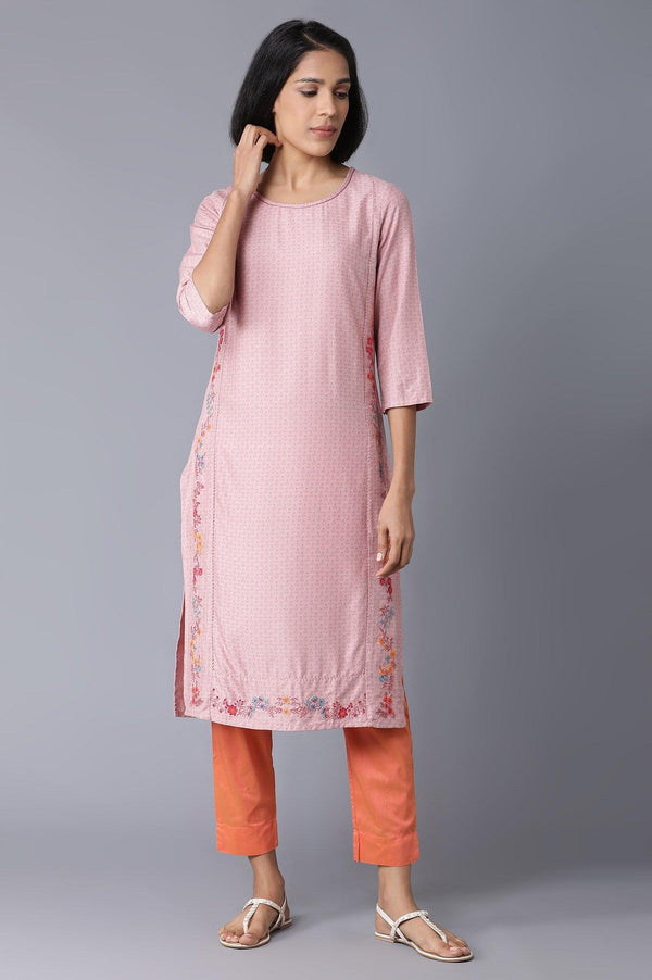 Light Pink Floral Print kurta With Thread Embroidery