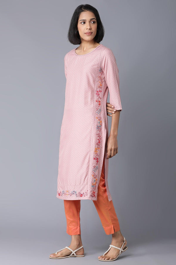 Light Pink Floral Print kurta With Thread Embroidery