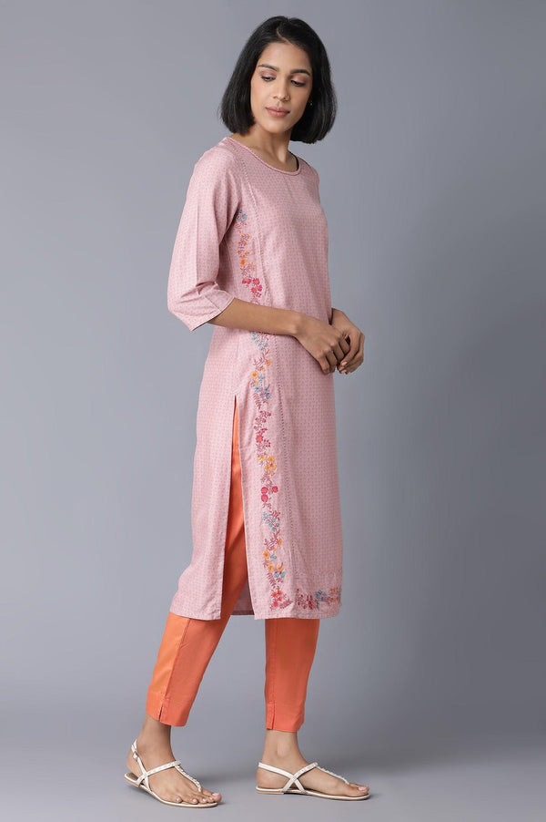 Light Pink Floral Print kurta With Thread Embroidery