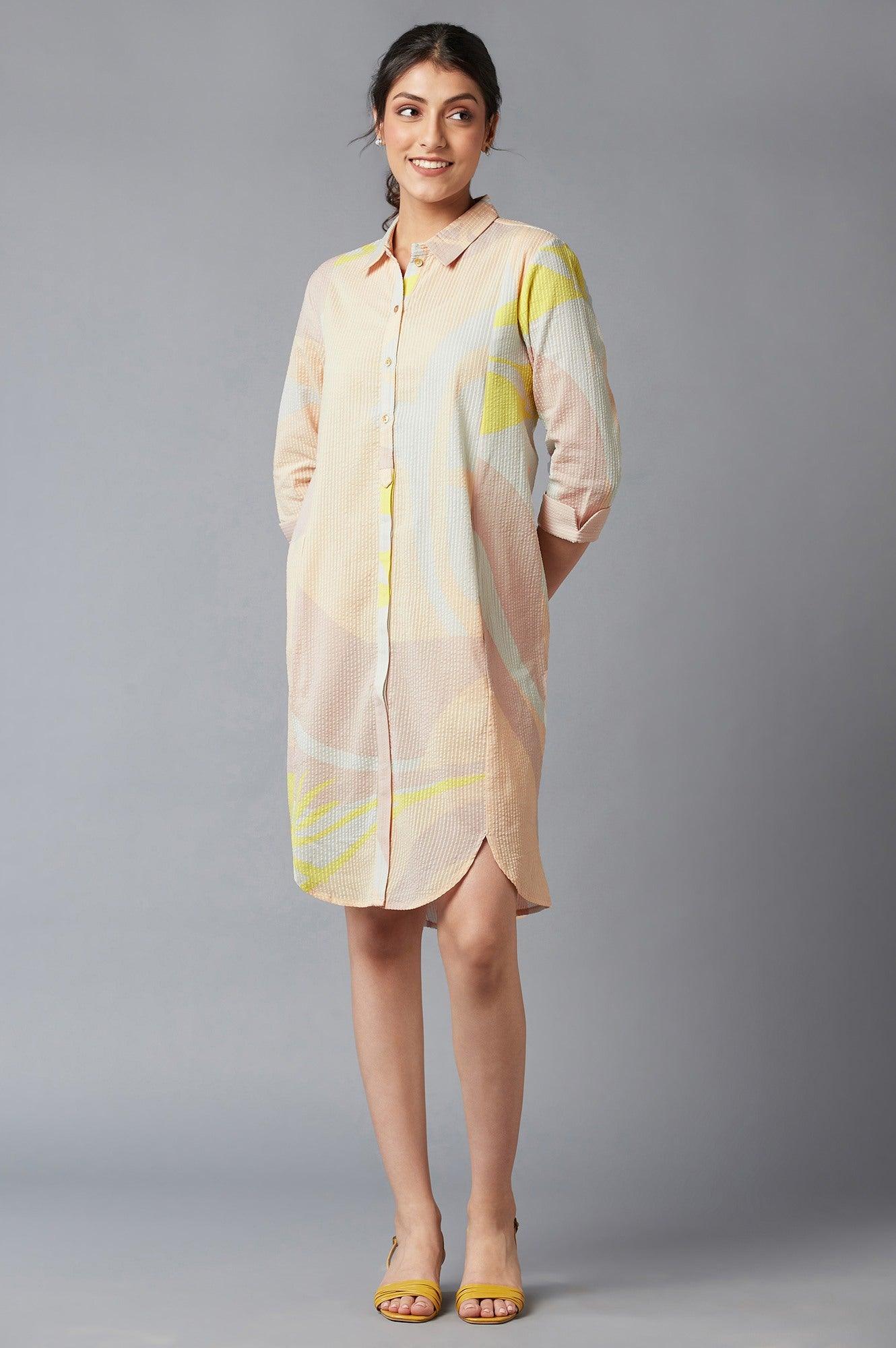 Coral Floral Print Cotton Shirt Dress