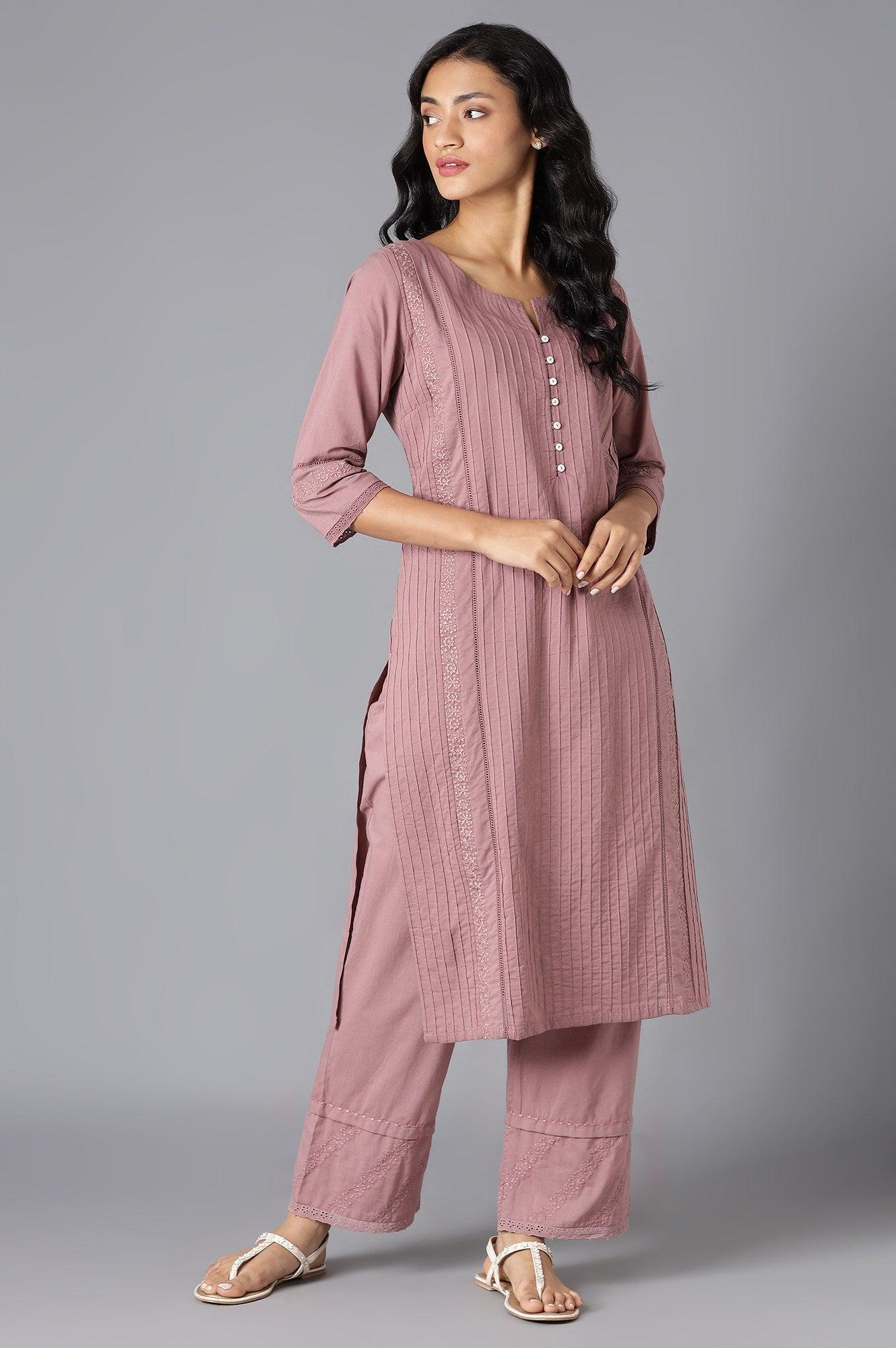 Light Pink Pintuck Cotton kurta - wforwoman