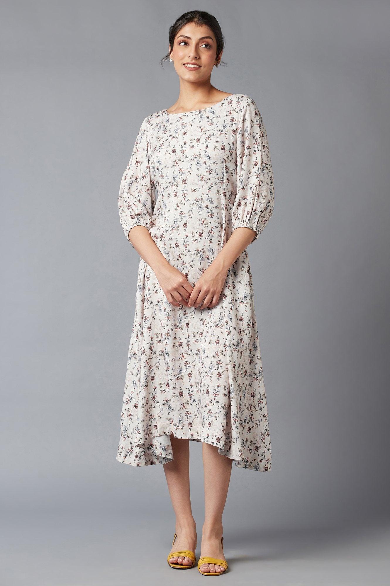 Light Pink Floral Print Dress In Round Neck - wforwoman