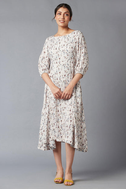 Light Pink Floral Print Dress In Round Neck - wforwoman