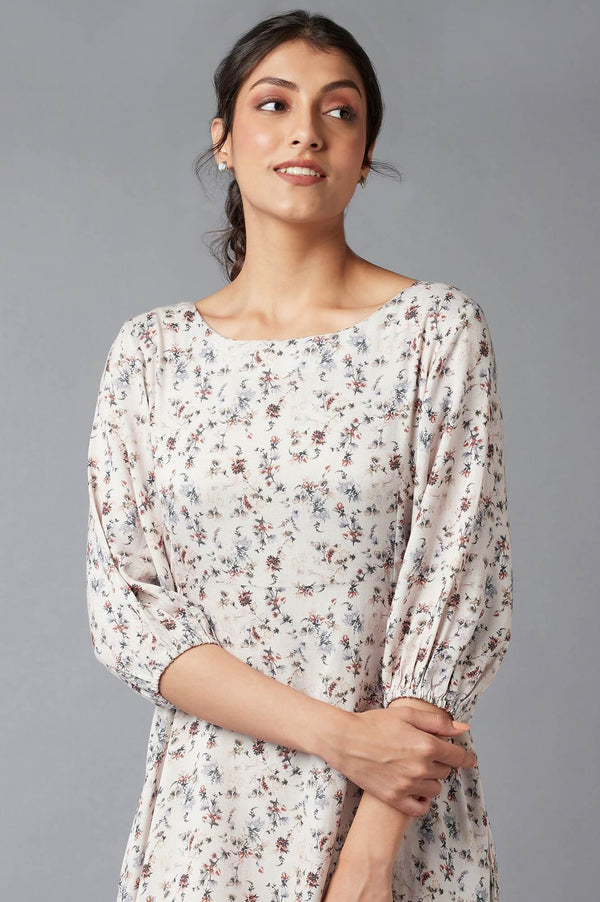 Light Pink Floral Print Dress In Round Neck