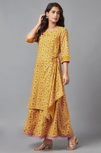 Mustard Yellow Angrakha Jumpsuit in Round Neck - wforwoman