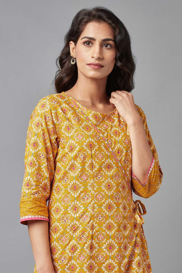 Mustard Yellow Angrakha Jumpsuit in Round Neck
