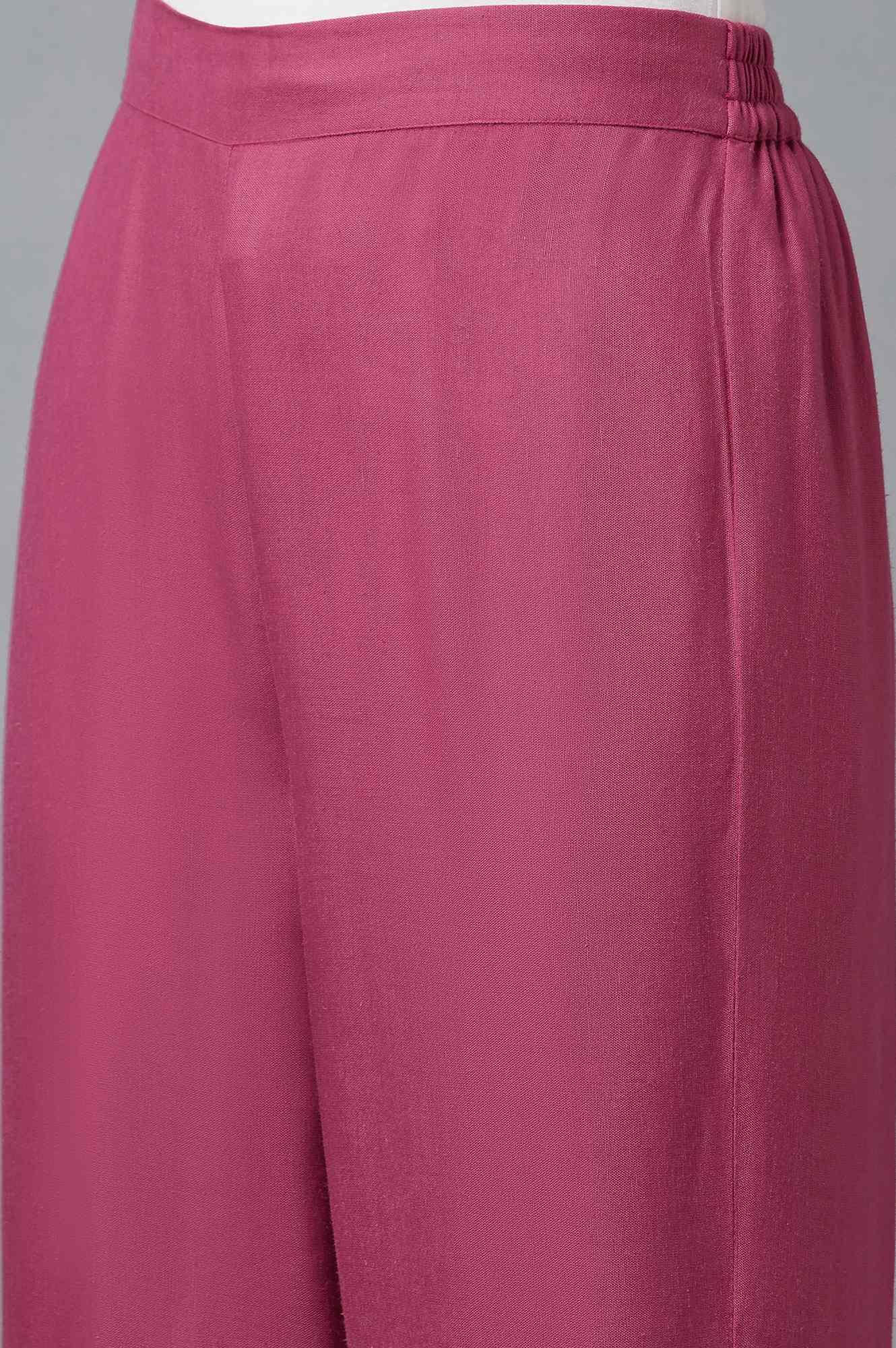 Pink Solid Slim Pants With Embroidery - wforwoman