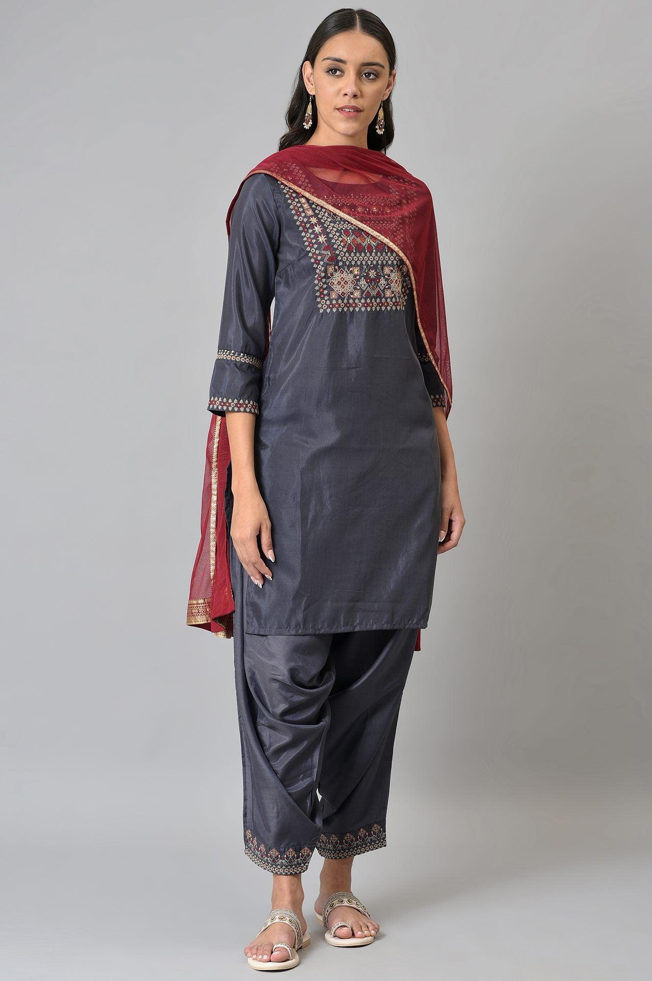 Grey Embroidered kurta, Draped Pants And Dupatta Set - wforwoman