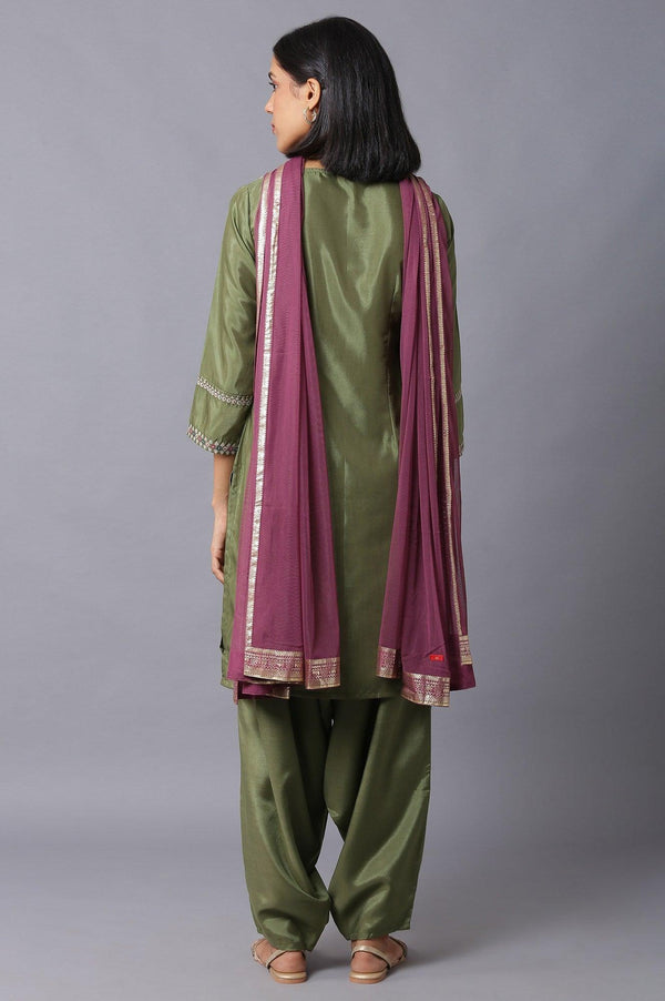 Olive Green Embroidered kurta And Draped Pants Set
