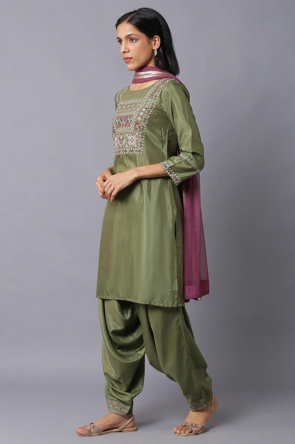 Olive Green Embroidered kurta And Draped Pants Set