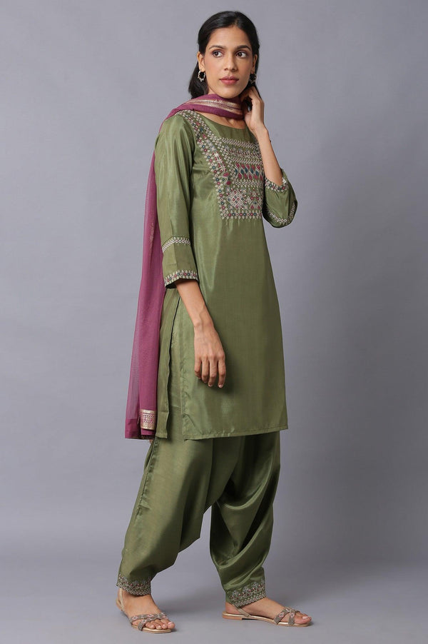 Olive Green Embroidered kurta And Draped Pants Set