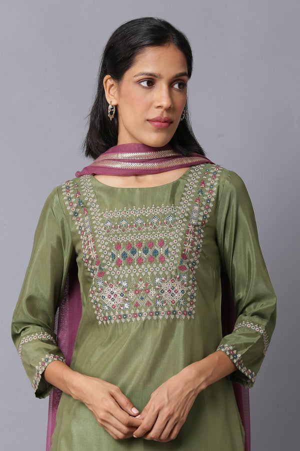 Olive Green Embroidered kurta And Draped Pants Set