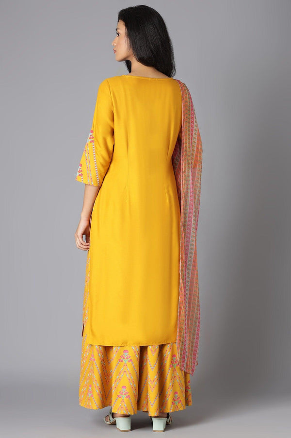 Yellow Floral kurta In Boat Neck With Culottes And Dupatta