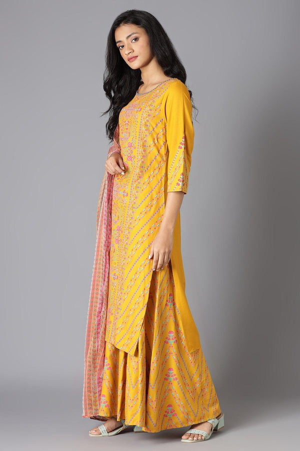 Yellow Floral kurta In Boat Neck With Culottes And Dupatta