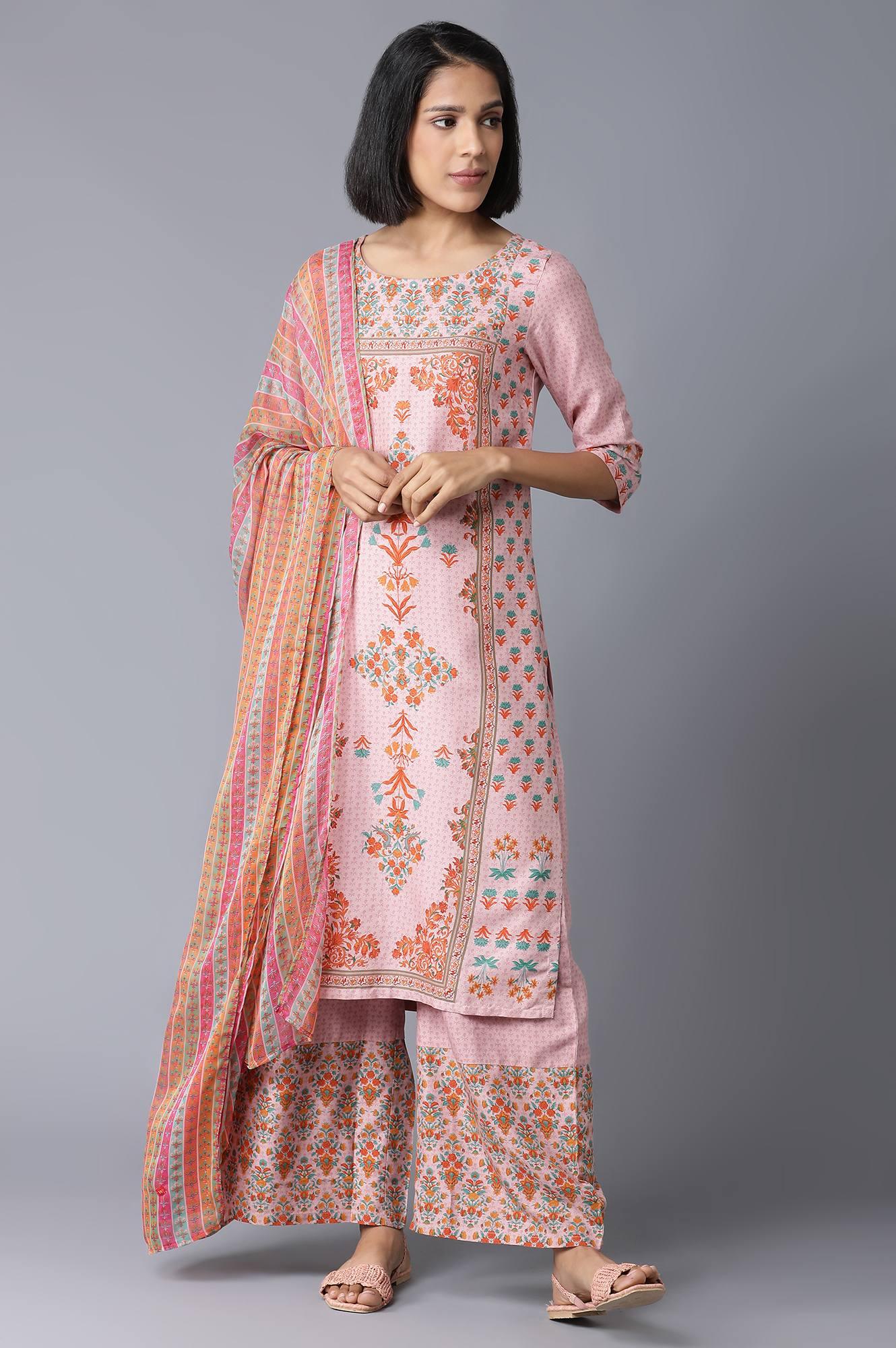 Light Pink Floral kurta in Round Neck with Parallel Pants and Dupatta - wforwoman