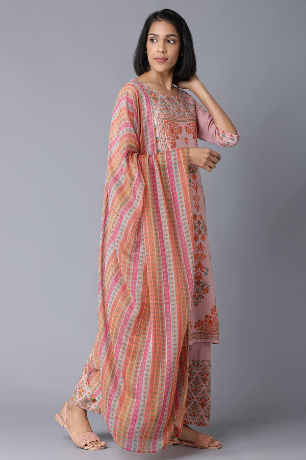 Light Pink Floral kurta in Round Neck with Parallel Pants and Dupatta