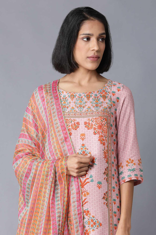 Light Pink Floral kurta in Round Neck with Parallel Pants and Dupatta