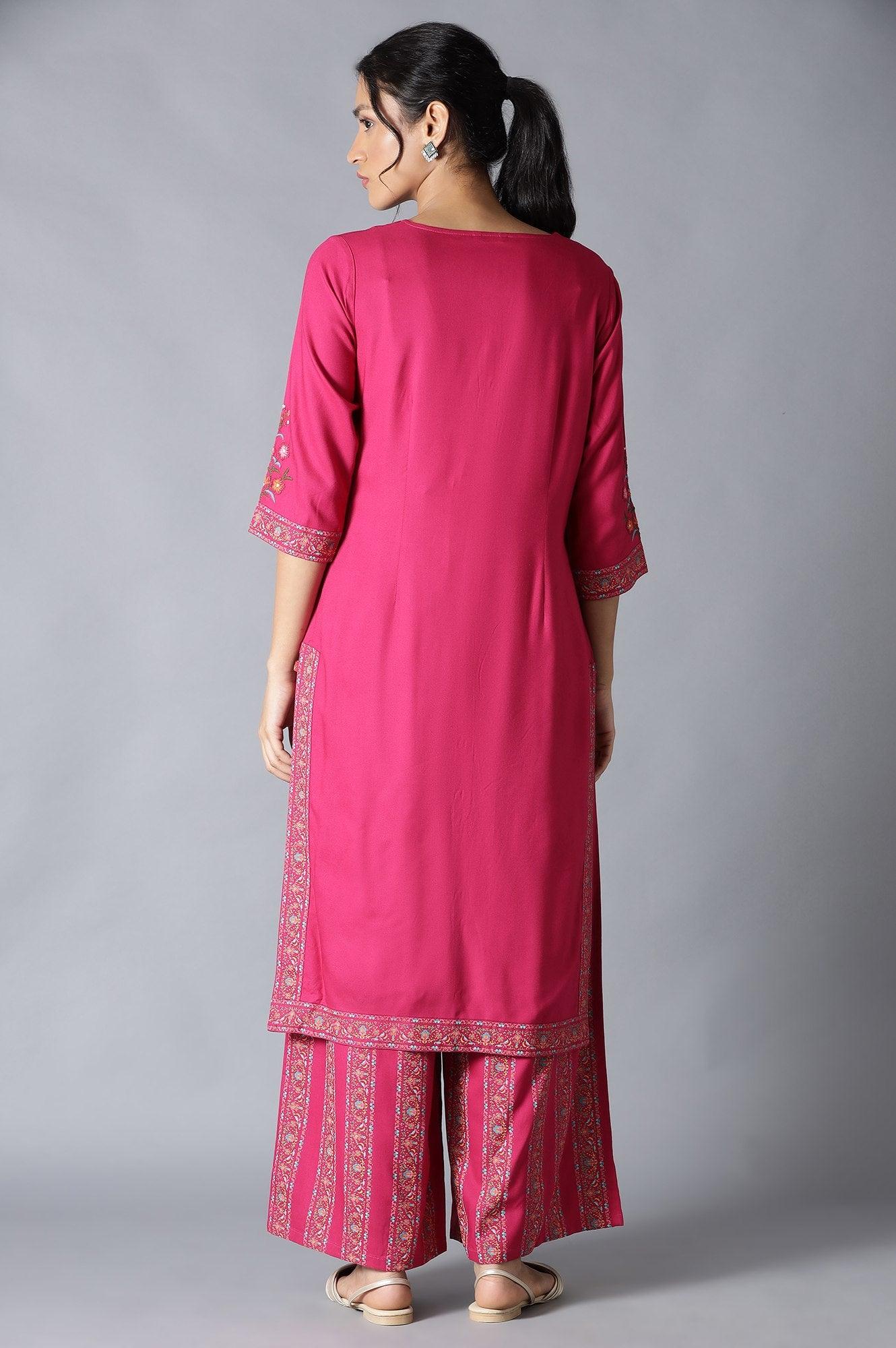Fuchsia Pink Embroidered kurta And Parallel Pants Set - wforwoman