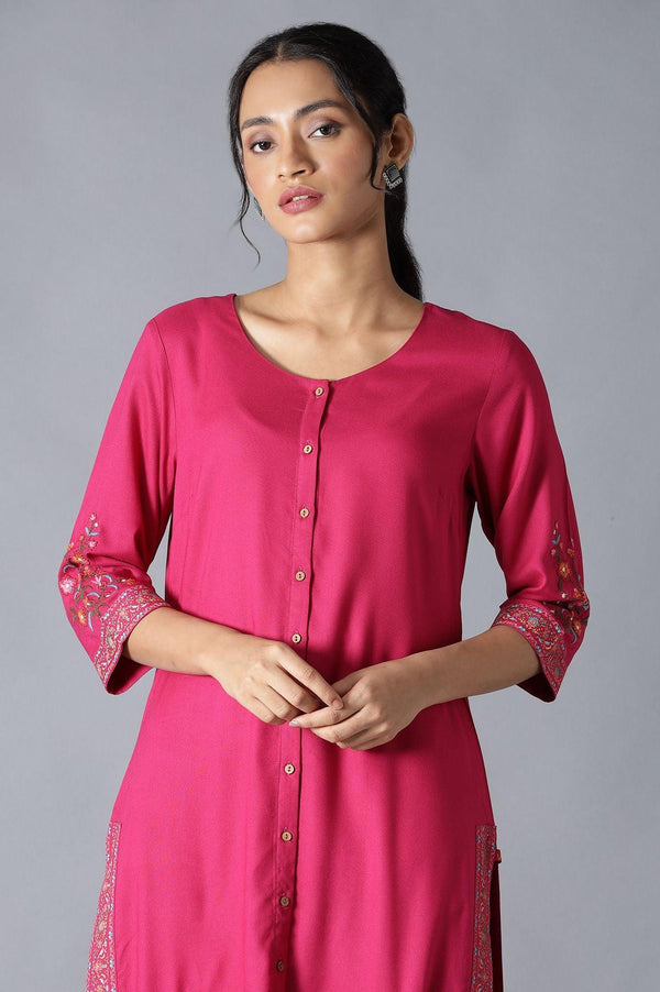 Fuchsia Pink Embroidered kurta And Parallel Pants Set