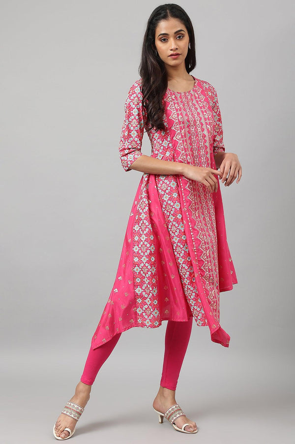 Dark Pink Asymmetrical Hemline kurta With Tights