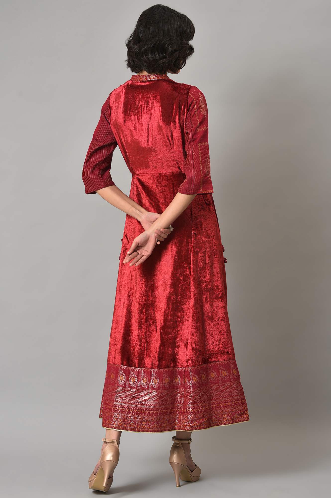 Dark Red Velvet Festive Dress With Sequin Work