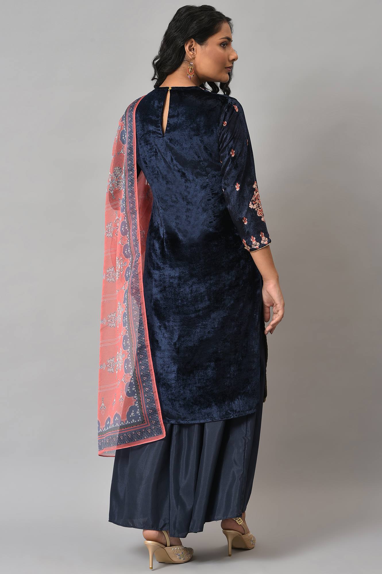 Dark Blue Festive Velvet kurta With Shantung Sharara And Coral Dupatta