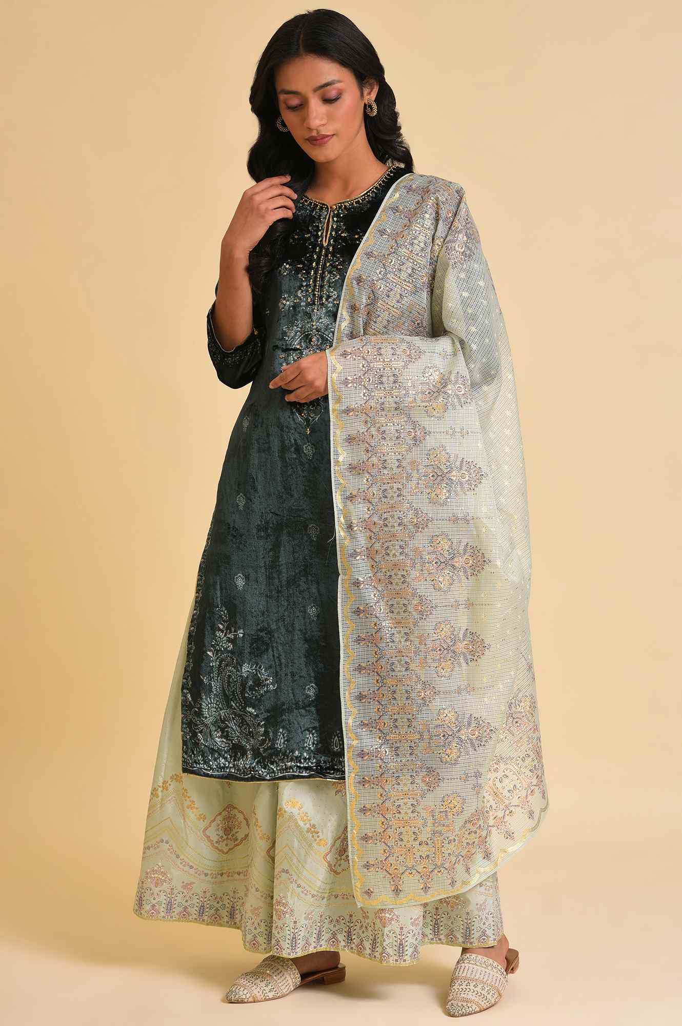 Dark Green Embellished Velvet kurta, Sharara And Dupatta Set