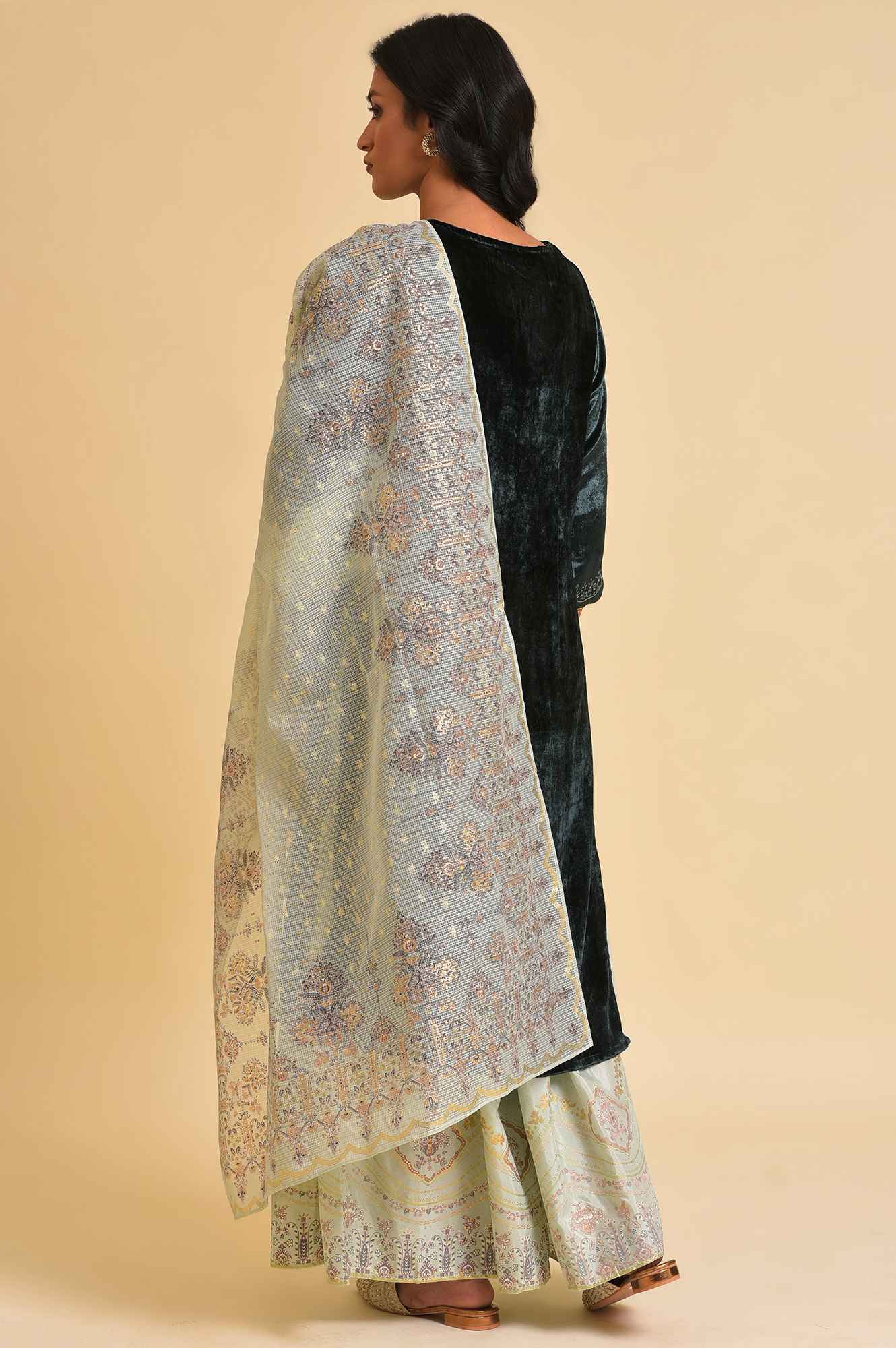 Dark Green Embellished Velvet kurta, Sharara And Dupatta Set