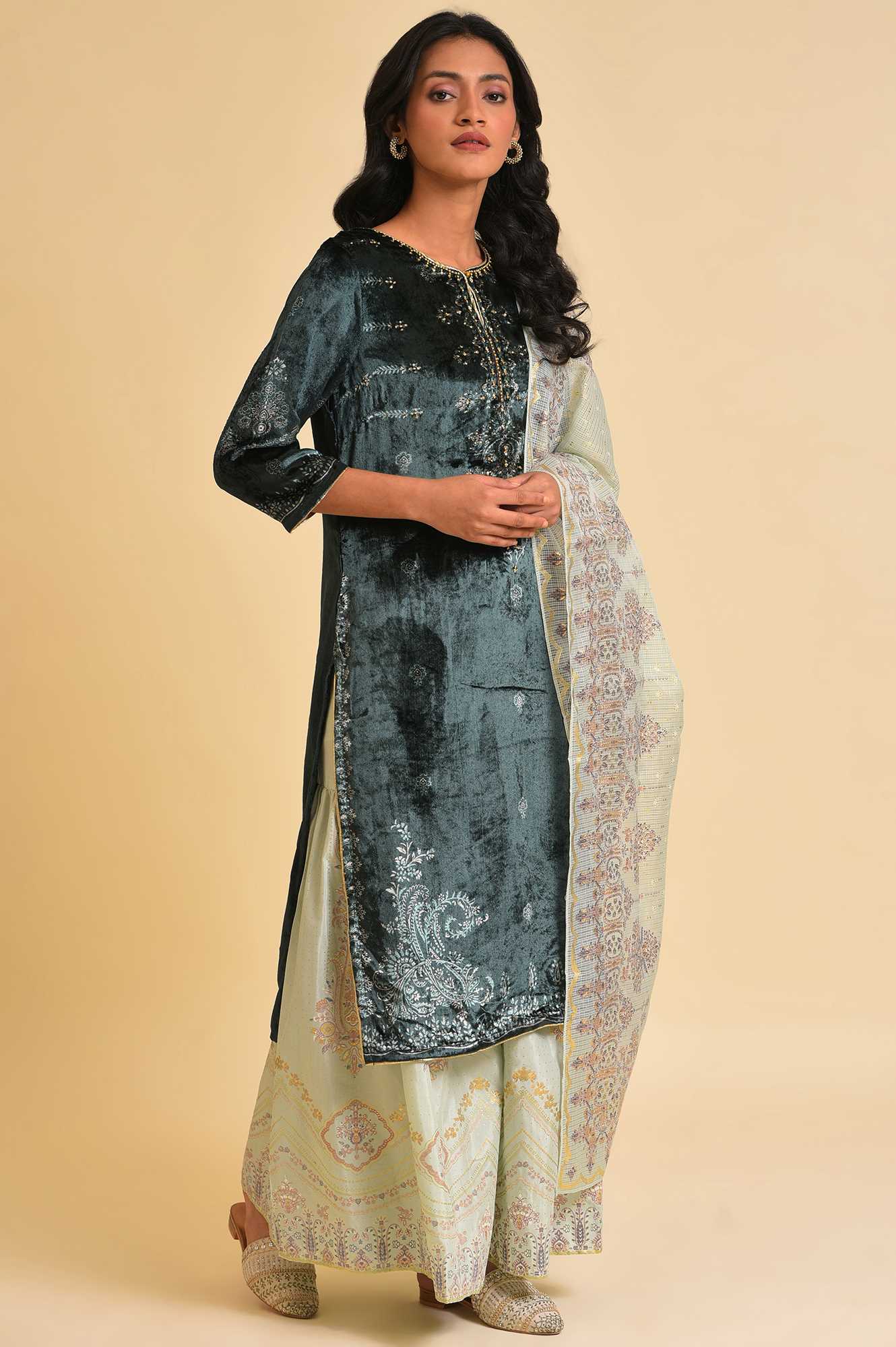 Dark Green Embellished Velvet kurta, Sharara And Dupatta Set