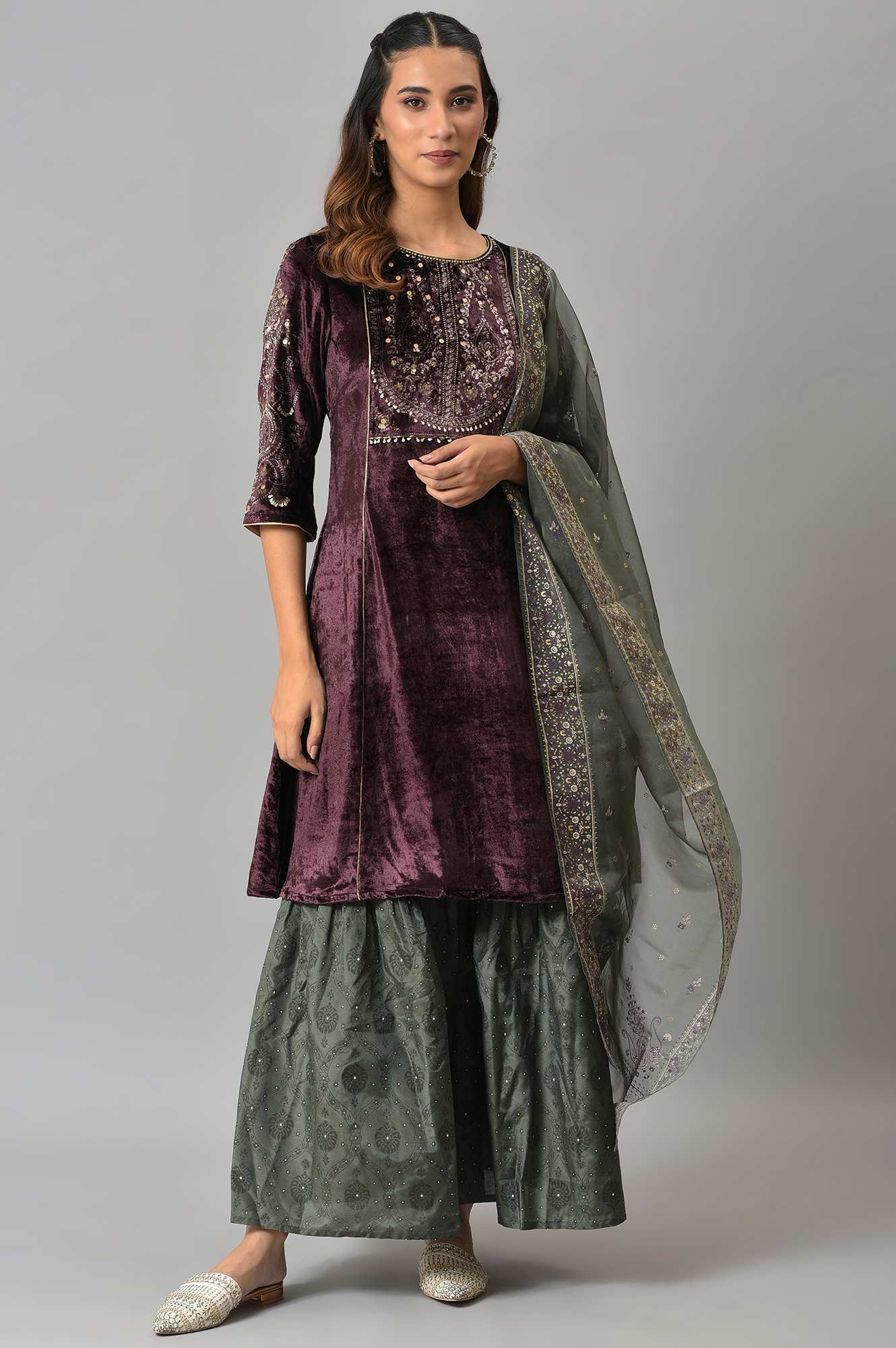 Dark Purple Velvet kurta With Grey Sharara And Dupatta