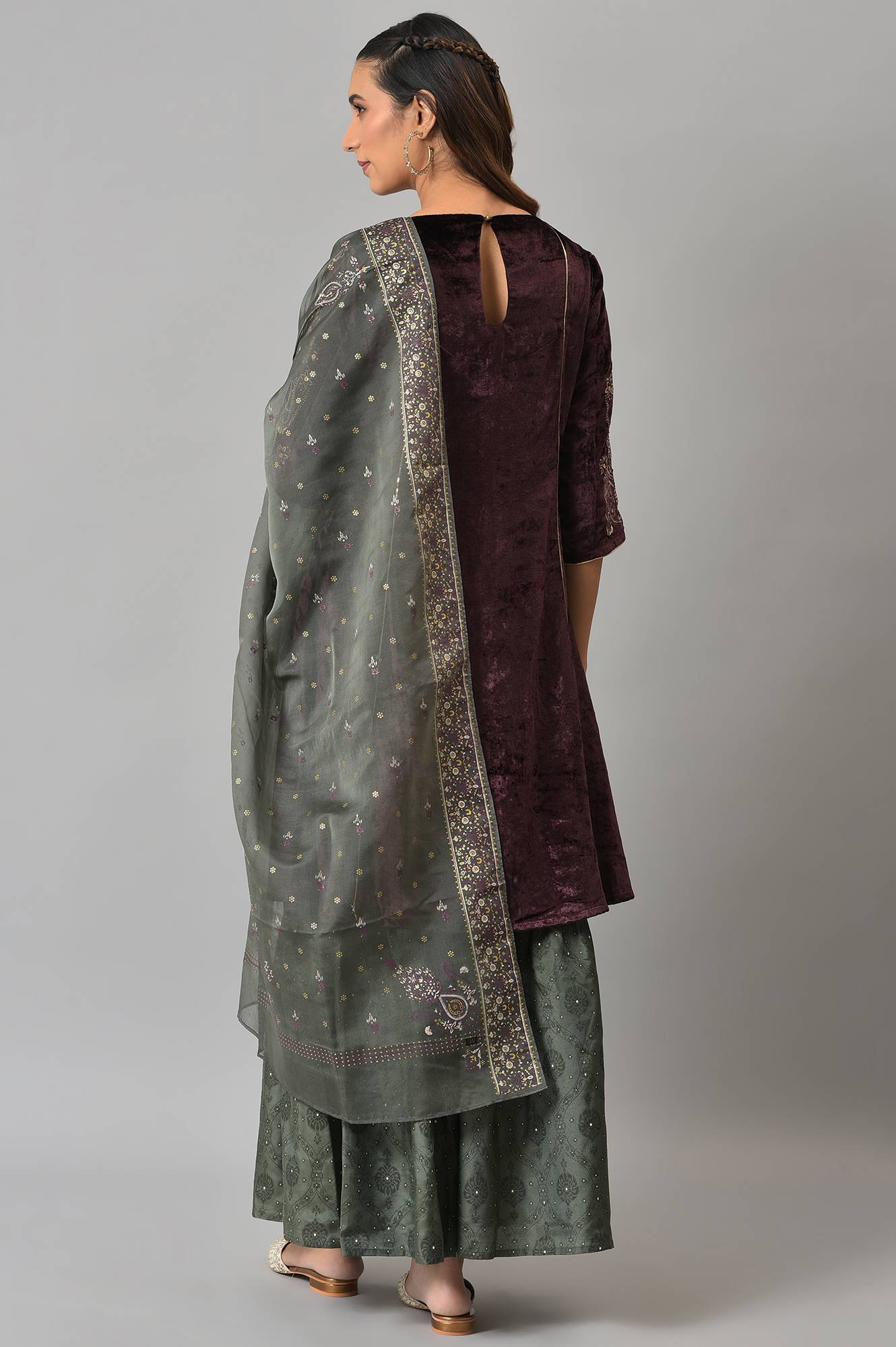 Dark Purple Velvet kurta With Grey Sharara And Dupatta