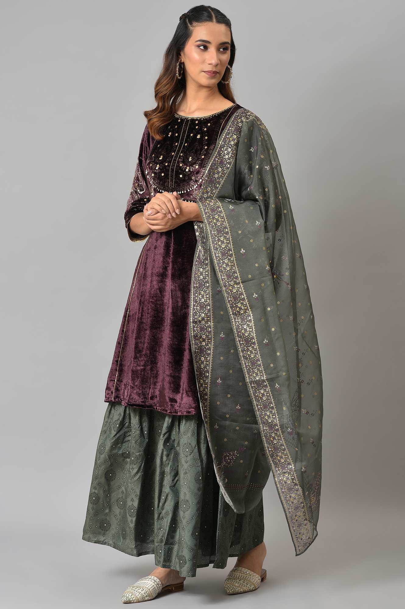 Dark Purple Velvet kurta With Grey Sharara And Dupatta