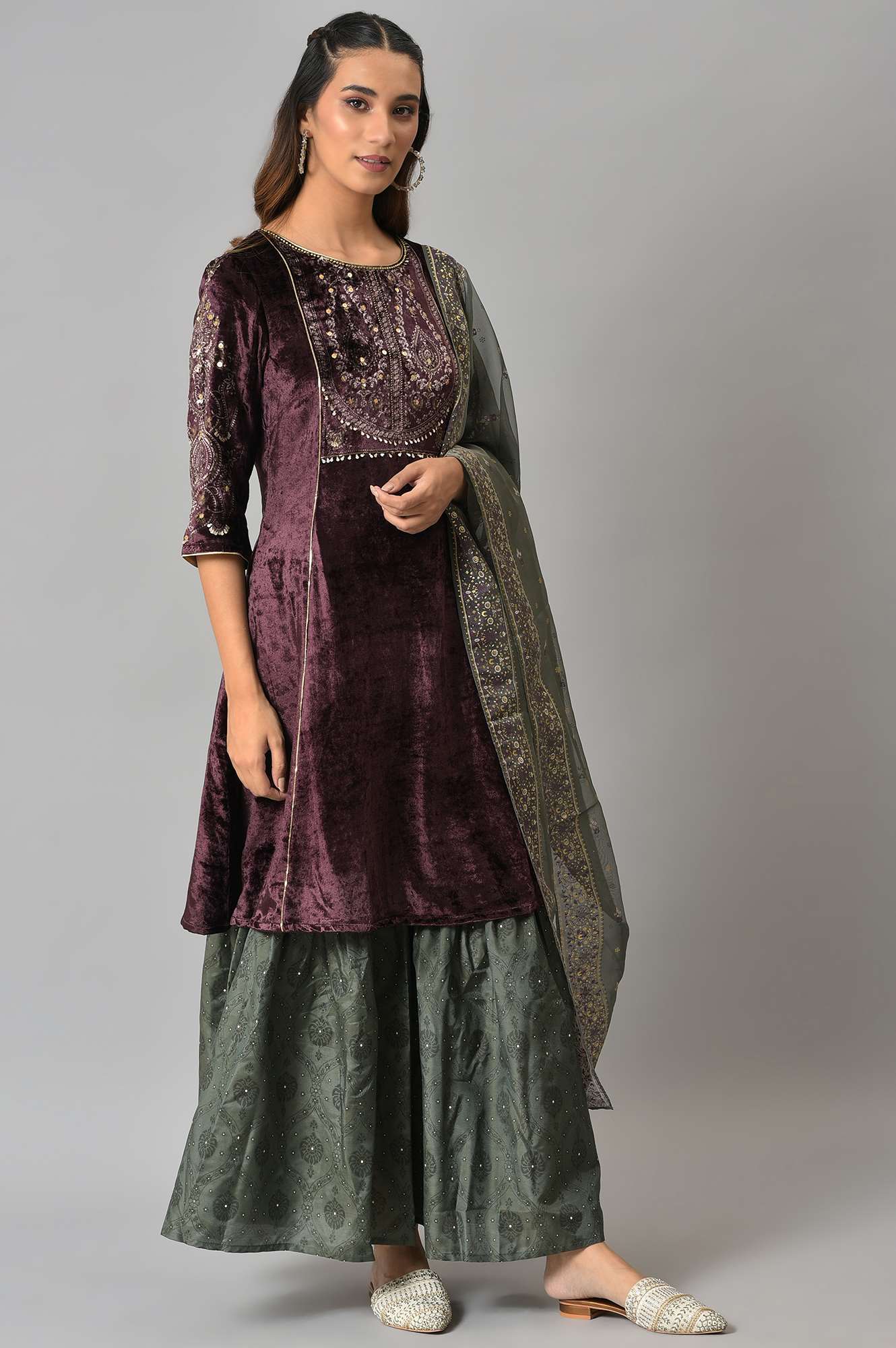 Dark Purple Velvet kurta With Grey Sharara And Dupatta